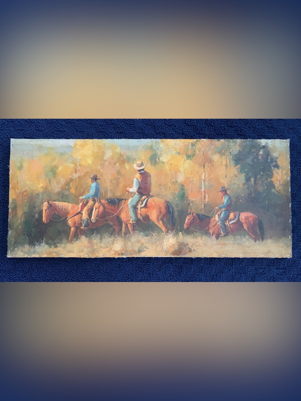 Vintage Original Oil Painting On Canvas. Western Cowboy Art. 31” X 13”